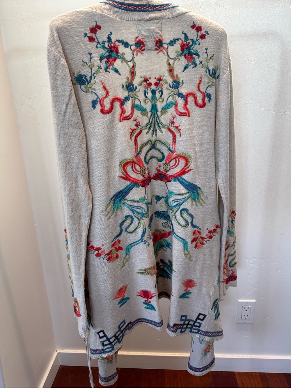 Johnny Was Cream Wrap Cardigan with Teal, Coral & Navy Embroidery - Picture 3 of 5